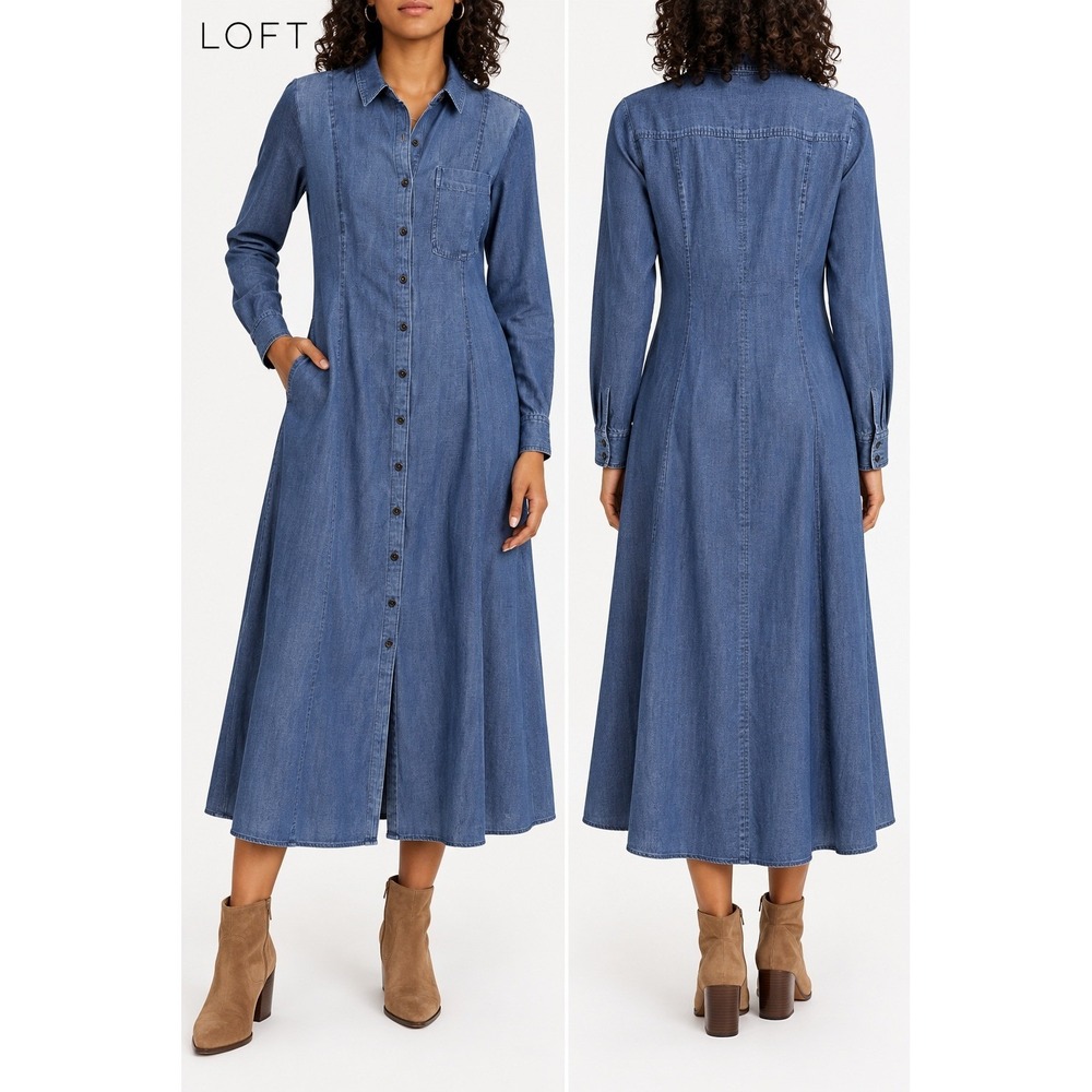 LOFT Shirtdress Women 8P Petite Blue Chambray Long Sleeve Button Front Midi